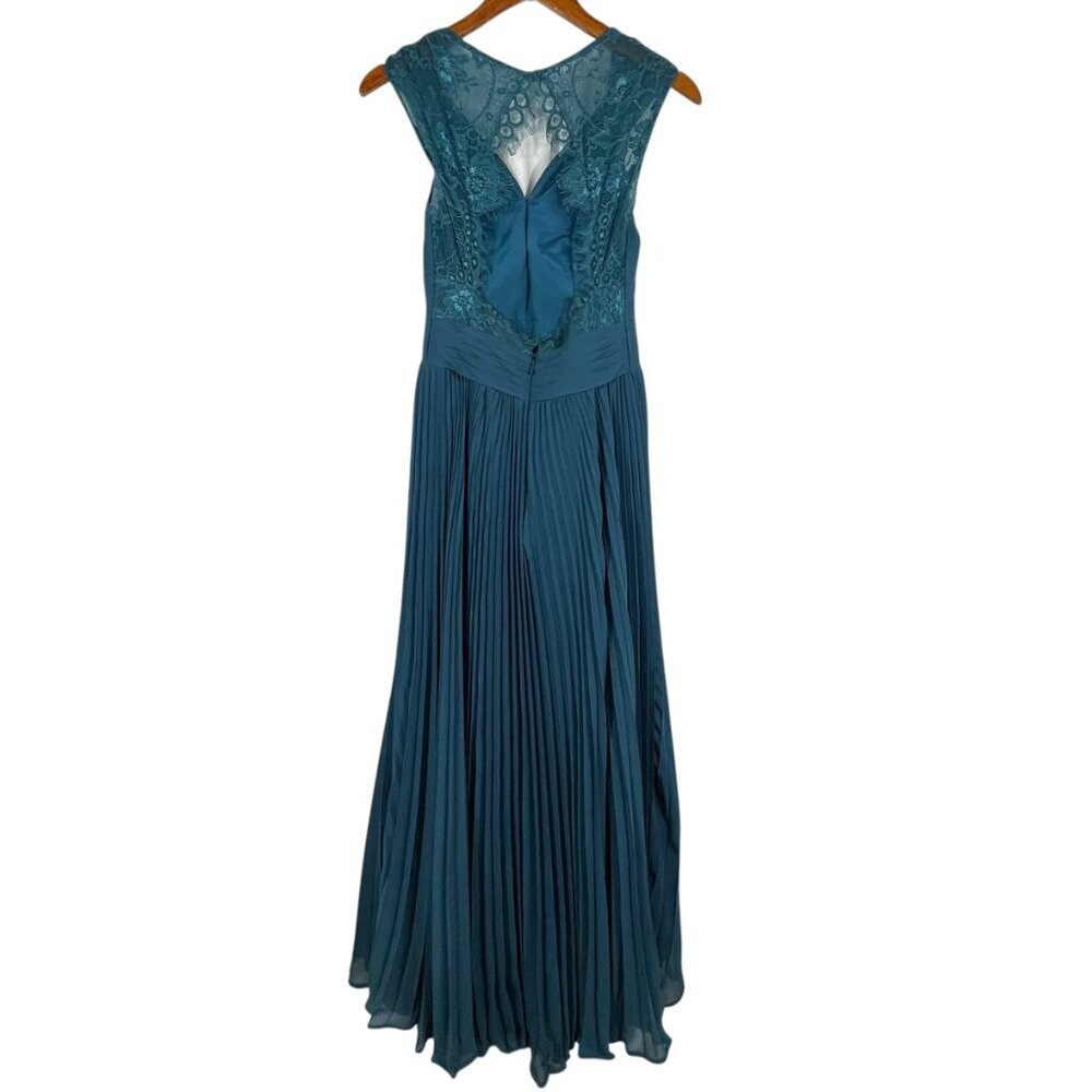JJ's House Teal Chiffon Maxi Dress Lace Back Pleated Formal Gown Small - Picture 3 of 14